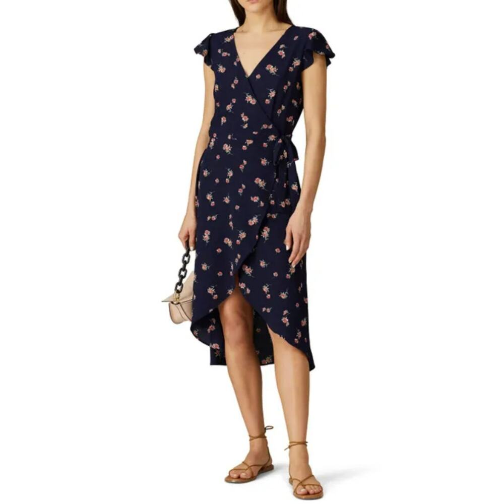 BB Dakota April Showers Hi Low Wrap Dress Floral Crepe Navy Blue Womens Size 0
